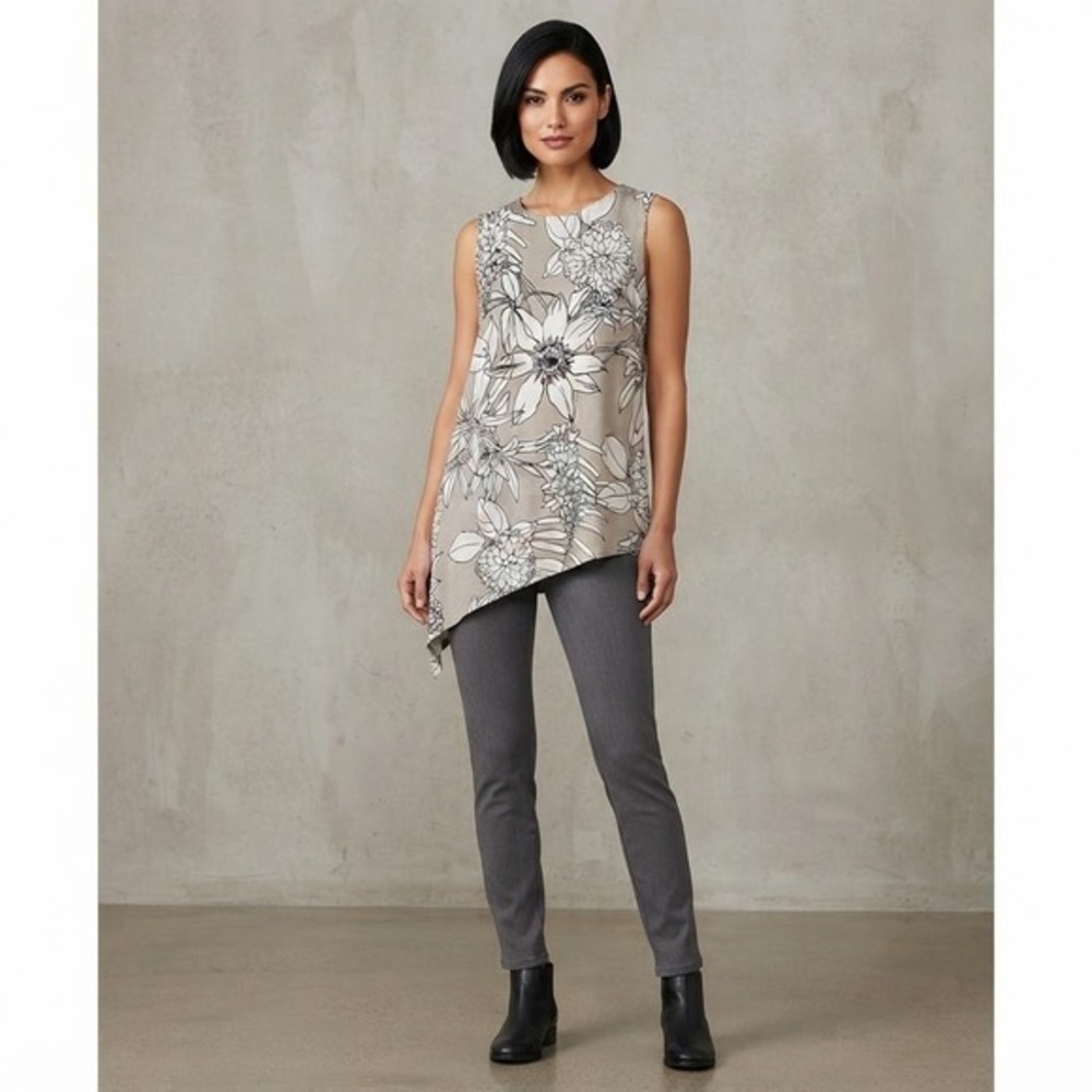 💥🏷️ Clara Sunwoo Asymmetrical Tunic Women Size S Taupe Floral Sleeveless Top